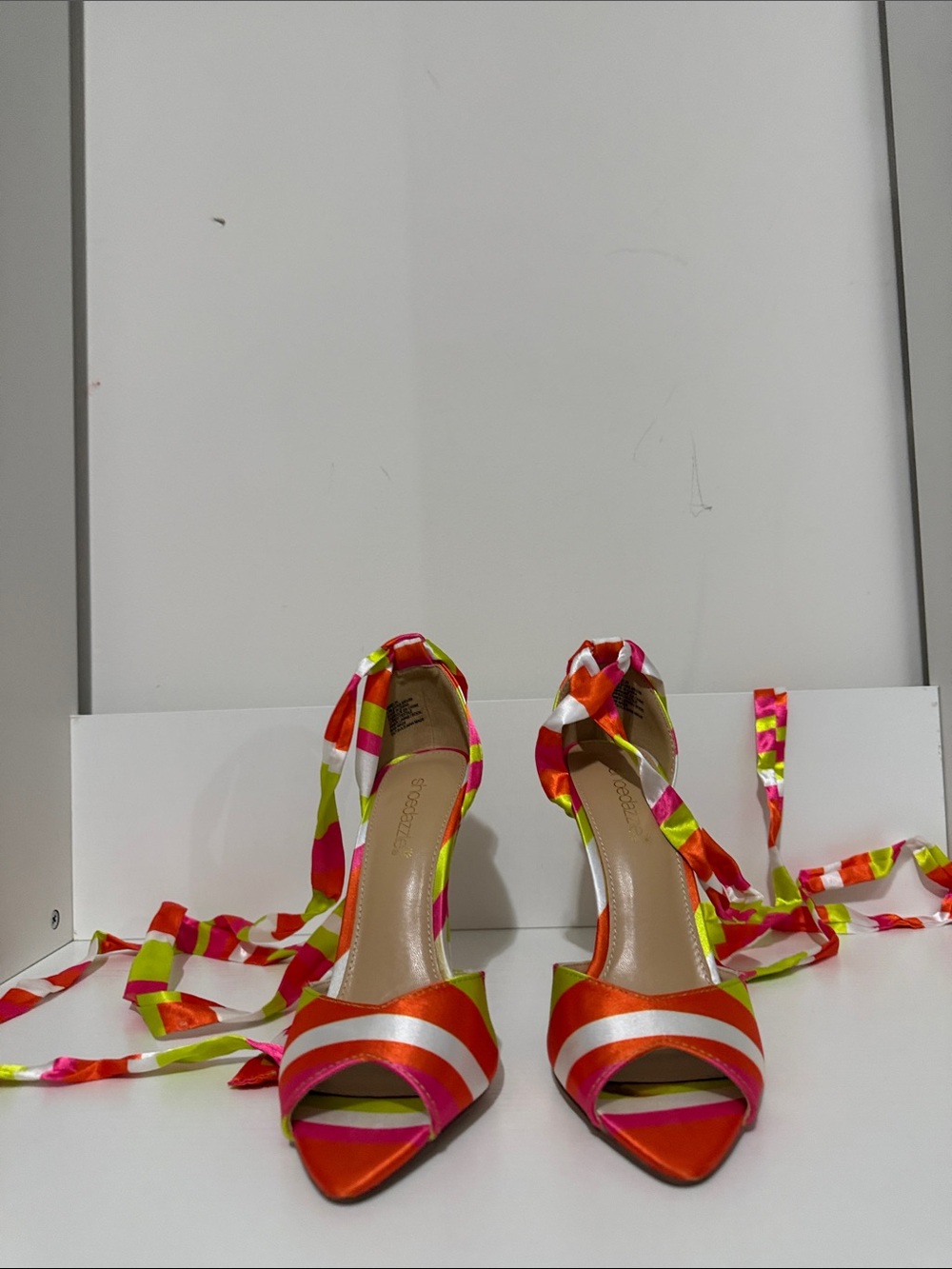 Colorblock Satin Tie-Ankle Heels - Multicolor